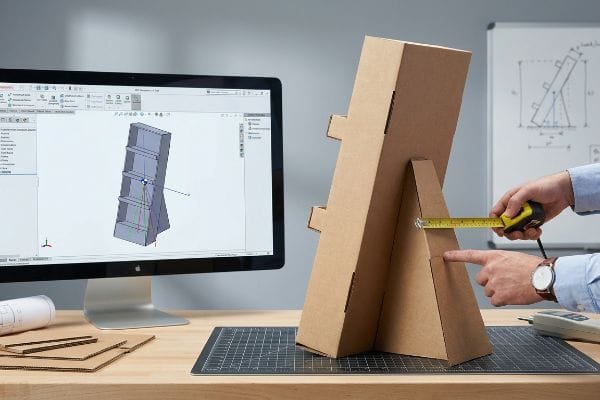 A person's hands measure a brown corrugated cardboard display stand prototype with a yellow tape measure, while a computer monitor displays its 3D CAD structural design.