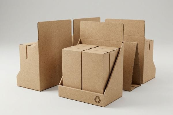 Sustainable OCC corrugated cardboard retail displays, featuring a countertop unit with small brown boxes and a recycling symbol, promoting eco-friendly packaging.