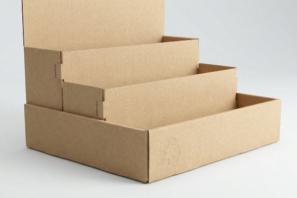 A three-tiered corrugated cardboard display stand, empty and brown, features an embossed recycling symbol on its front panel.