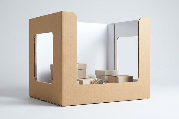 棕色瓦楞纸板展示盒,侧面设有“透过窗口”的展示窗,内衬白色粘土涂层,照亮了里面的米色小产品盒。.
