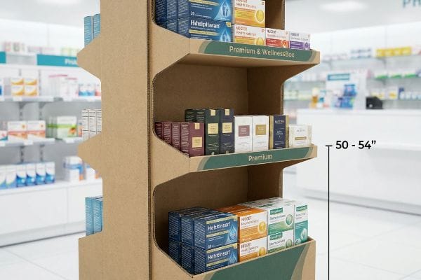 Cardboard pharmacy display with 'Premium & WellnessBox' and 'Premium' shelves, showing 50-54 inch height.
