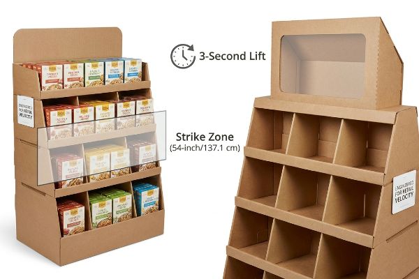 Corrugated cardboard retail display units, one filled, highlighting 54-inch Strike Zone, 3-Second Lift, and Engineered For Retail Velocity.