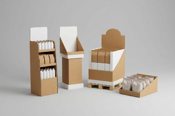 Brown cardboard retail displays, including a multi-shelf floor stand with white bottles, a pedestal unit, a quarter pallet display on wood, and a countertop tray with bags.