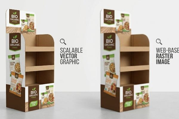 Two cardboard retail display stands for Bio Organic Food products, comparing a crisp Scalable Vector Graphic on the left to a blurry Web-Base Raster Image on the right, showcasing product bags.
