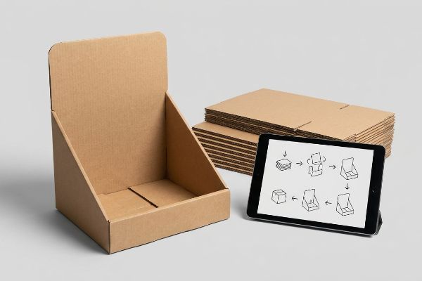 Brown corrugated cardboard POP display, flat-packed sheets, and a tablet showing a visual no-text assembly guide.