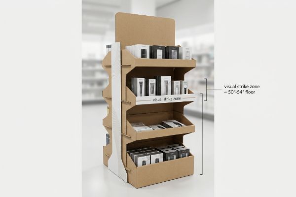 多层瓦楞纸板落地展示架用于展示视觉冲击区内的产品,该区域距离地面 50-54 英寸。.