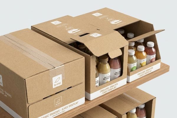 Cardboard shelf-ready display packaging for 'brand' natural beverages and organic snacks, with 'Easy Display' tear-off boxes.