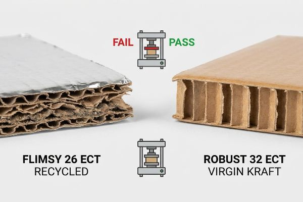Nahaufnahme von dünnem 26 ECT Recyclingkarton mit einer Silberfolienschicht, der einen Kompressionstest nicht besteht, neben robustem 32 ECT Frischfaser-Kraftpapier, das den Test besteht.