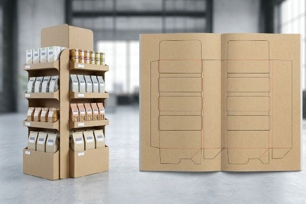 组装好的纸板端架展示架,产品摆放在零售包装的模切模板旁边。.