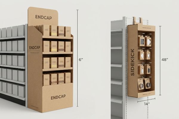 Brown cardboard Endcap display with product boxes, branded 'Endcap'. A 48x14-inch 'Sidekick' hanging display shows packaged items.