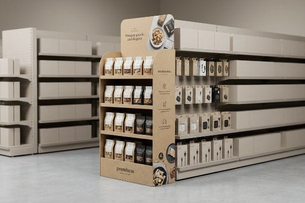 Brown cardboard endcap display in retail aisle, featuring Premium snacks, Skågens bags, Premiums, and electronics.