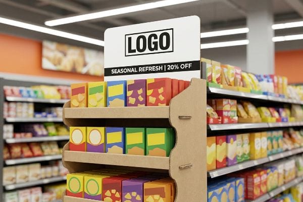 Corrugated cardboard endcap display with three tiers of colorful product boxes, featuring a header sign announcing 