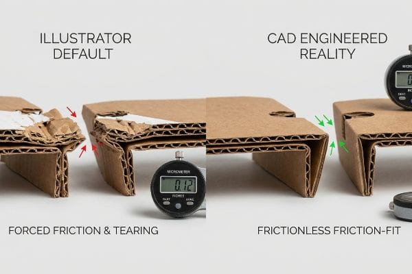 Corrugated cardboard comparison: Illustrator Default shows Forced Friction & Tearing; CAD Engineered Reality achieves Frictionless Friction-Fit, micrometer reads 0.12 inches.