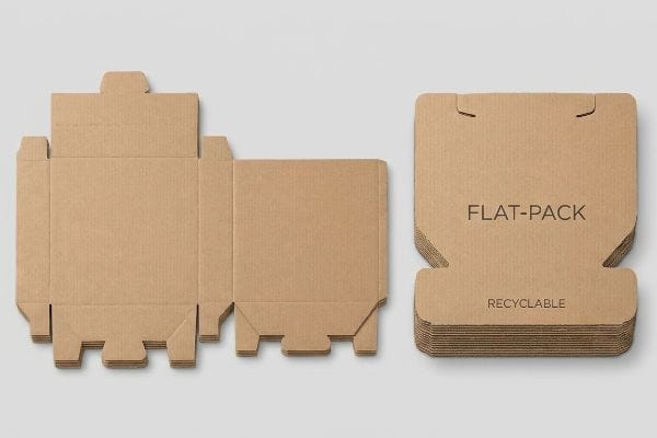 A studio shot displays an unfolded brown corrugated cardboard box template next to a stack of Flat-Pack, Recyclable display boxes.