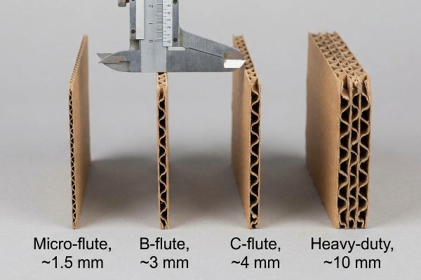 Comparing corrugated cardboard flutes: Micro-flute (1.5mm), B-flute (3mm) measured by caliper, C-flute (4mm), and Heavy-duty (10mm).