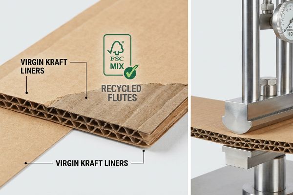 Corrugated cardboard cross-section with Virgin Kraft Liners, Recycled Flutes, and FSC Mix certification, undergoing strength testing.