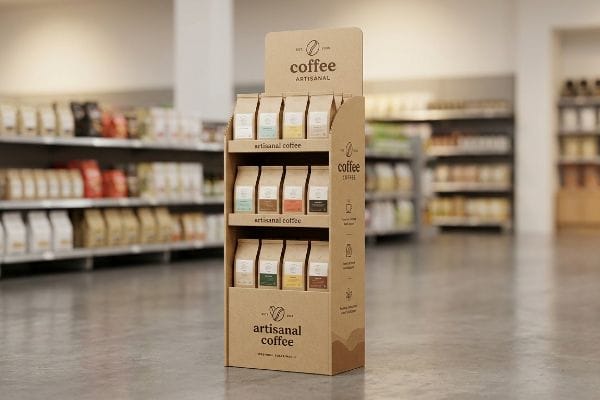 Retail store features a brown cardboard Artisanal Coffee FSDU with three shelves displaying various kraft paper coffee bags.