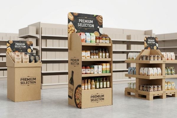 Natural brown cardboard floor display units and bin displays, branded 'Premium Selection', showcase various food products in a clean retail aisle.
