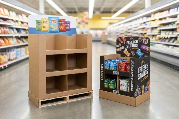 Corrugated cardboard POP displays in a grocery aisle, one empty on a half-pallet, the other featuring Lay's, Doritos, and Freezch Stands snack bags.