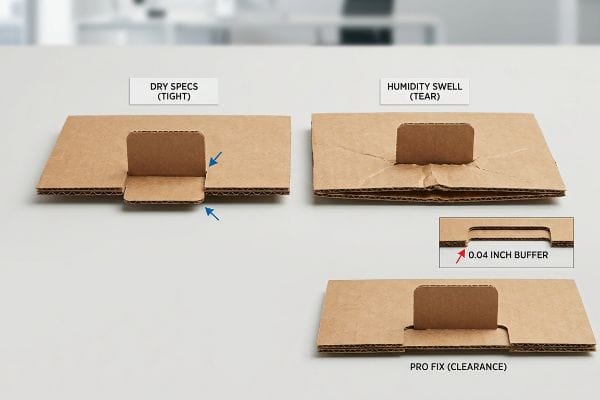 Three corrugated cardboard examples illustrating the impact of moisture expansion, showing a tight 'Dry Specs' fit, a 'Humidity Swell' tear, and the 'Pro Fix' with a 0.04 Inch Buffer clearance.