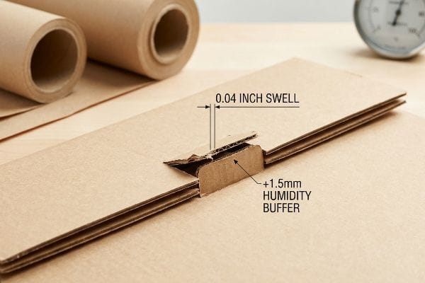 Brown corrugated cardboard shows 0.04 Inch Swell and a +1.5mm Humidity Buffer, illustrating fiber moisture expansion.