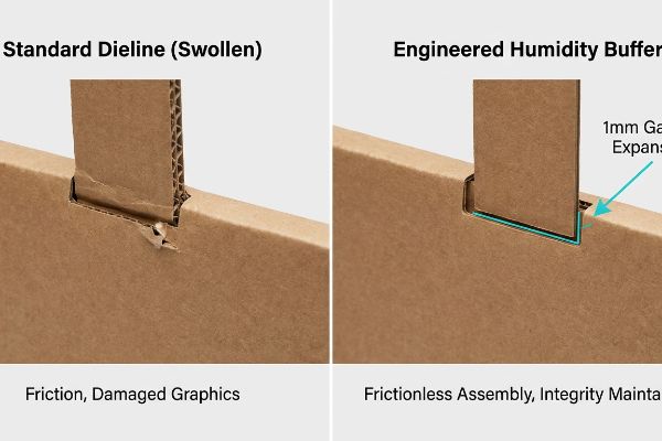 Brown corrugated cardboard comparison: a swollen standard dieline with damaged graphics versus an engineered humidity buffer featuring a 1mm gap for frictionless assembly.