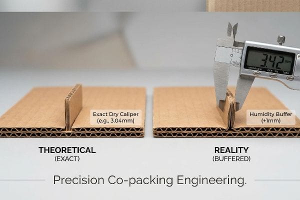 Corrugated cardboard sections comparing Theoretical Exact dry caliper (3.04mm) with Reality Buffered, measured at 3.42mm by a digital caliper, highlighting the Humidity Buffer (+1mm) for Precision Co-packing Engineering.