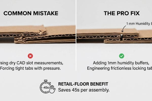 Corrugated cardboard illustrates common mistake of crushed flutes from tight tabs versus pro fix with 1mm humidity buffer, saving 45s per assembly.