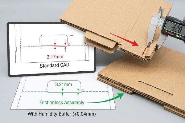 Digital caliper measures torn corrugated cardboard at 3.28mm, contrasting Standard CAD (3.17mm) with Frictionless Assembly (3.21mm) humidity buffer.