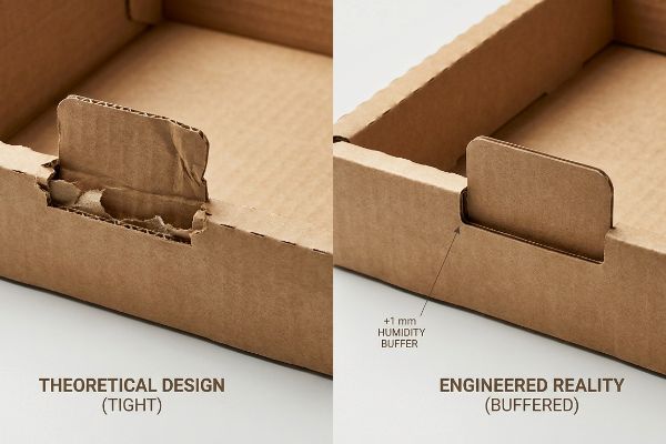 Vergleich von Wellpappe: Theoretisches Design mit eingerissenem Schlitz versus Engineered Reality mit +1 mm Feuchtigkeitspuffer.
