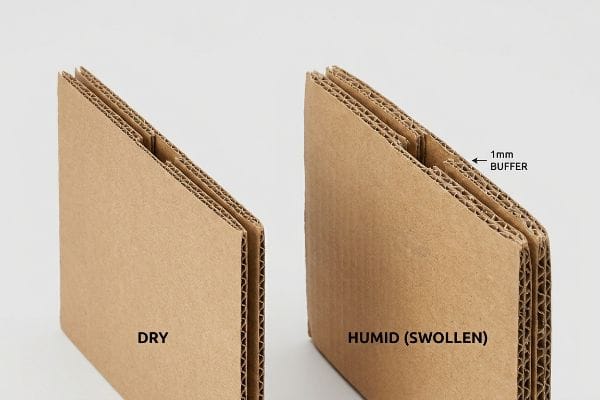 Corrugated board comparison showing Dry and Humid (Swollen) states with a 1mm Buffer for humidity tolerance.