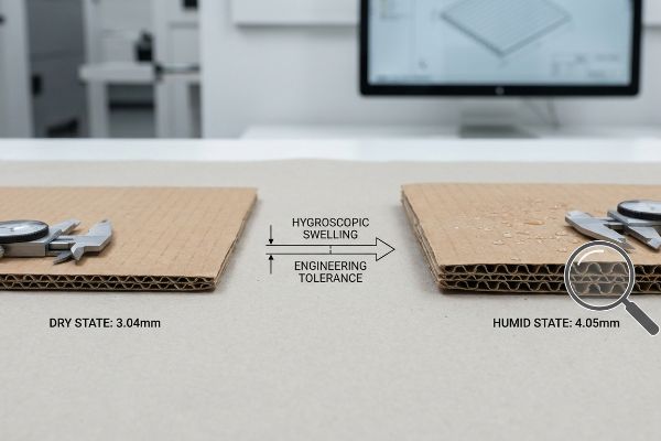 Corrugated cardboard shows Hygroscopic Swelling from 3.04mm Dry State to 4.05mm Humid State, illustrating Engineering Tolerance.