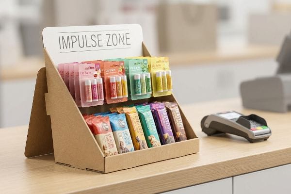 Cardboard display counter with 'Impulse Zone' sign, showcasing lip balms and snack bars at a retail checkout.