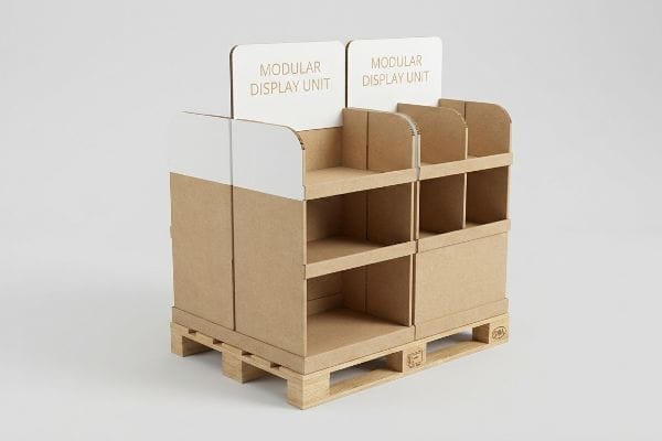Natural brown cardboard modular display units, featuring white headers with 