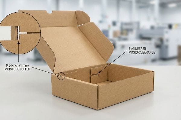 Caja de cartón marrón que muestra un amortiguador de humedad de 0,04 pulgadas (1 mm) y una microholgura diseñada para pestañas entrelazadas.