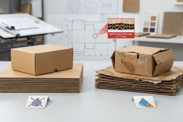 Two corrugated cardboard boxes on a table, one pristine with a 'no moisture' symbol and another damaged by moisture, with a dieline diagram showing 'Moisture Swelling > 3.17mm'.