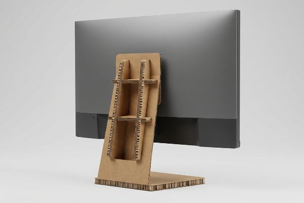 Brown corrugated cardboard monitor stand supporting a gray screen, revealing its engineered internal spine and trapezoidal design for load distribution.