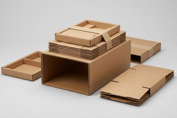 Brown corrugated cardboard packaging: hollow base, flat-packed modular trays, and nested tray with dividers.
