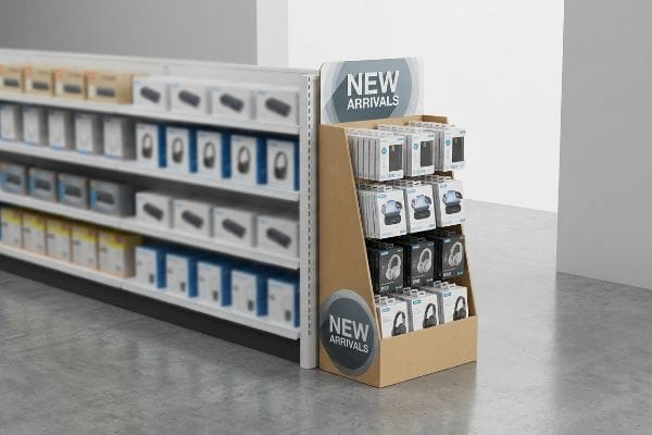 A retail store features a cardboard point of purchase display showcasing New Arrivals of electronic accessories like headphones and car mounts.