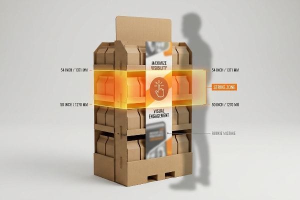 A brown corrugated cardboard pallet display highlights the Strike Zone between 50-54 inches for Maximize Visibility and Visual Engagement.