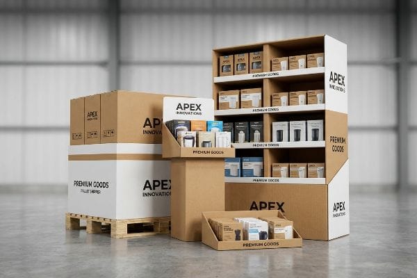 仓库内陈列着 Apex Innovations 的优质商品，这些商品摆放在纸板托盘运输车、落地式展架和柜台式展示柜中。.