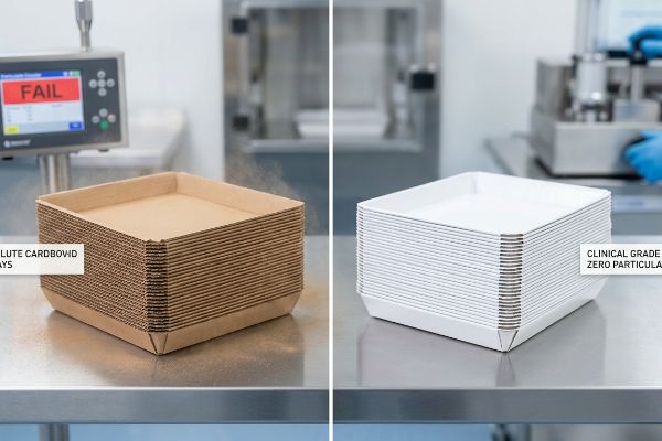 Brown Absolute Cardbovid Trays fail particulate testing, shedding dust, contrasted with clean Clinical Grade Zero Particulate white trays.