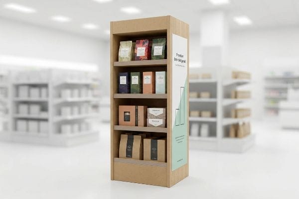A retail store features a cardboard point-of-purchase display showcasing diverse products and a 'Premium Branded Panel'.