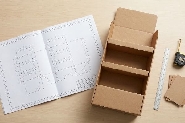 An overhead view shows a brown cardboard POP display next to its structural blueprint, with a ruler and tape measure on a wooden table.