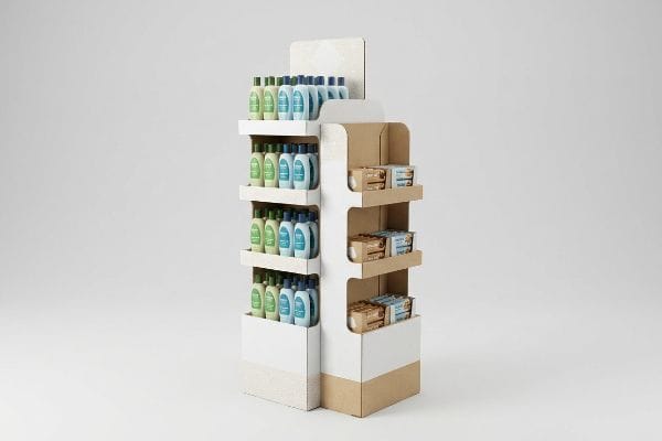 Este expositor de cartón bicolor independiente para puntos de venta muestra botellas de champú verdes y azules junto con productos envasados en color marrón, optimizado para las compras impulsivas.