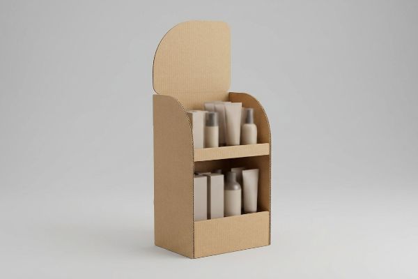Corrugated cardboard two-tiered POP display stand with a curved header, showcasing unbranded cosmetic products.