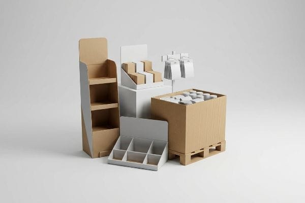 Retail display collection featuring cardboard floor stand, white countertop unit, pallet bin, shelf tray, and clip strip on a clean background.