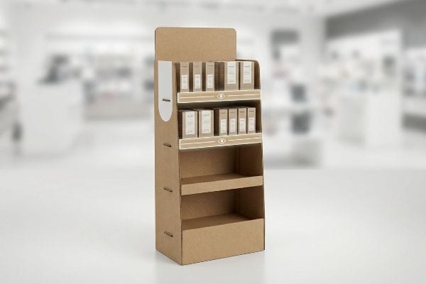 Brown corrugated cardboard POP stand displaying small product boxes on upper shelves, with empty lower shelves in a retail store.