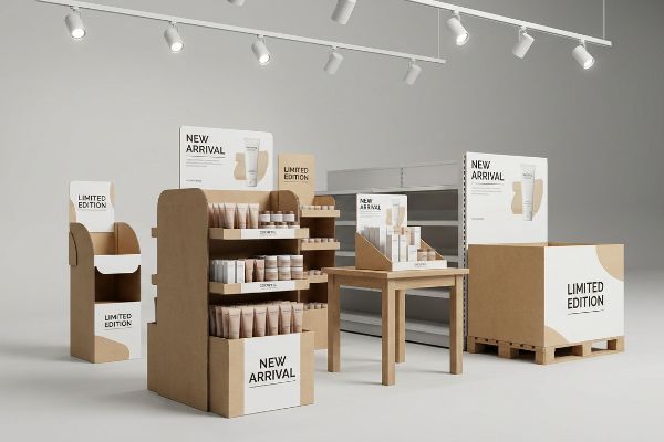 Retail store setting showcasing various cardboard point-of-purchase displays for cosmetic products, featuring 