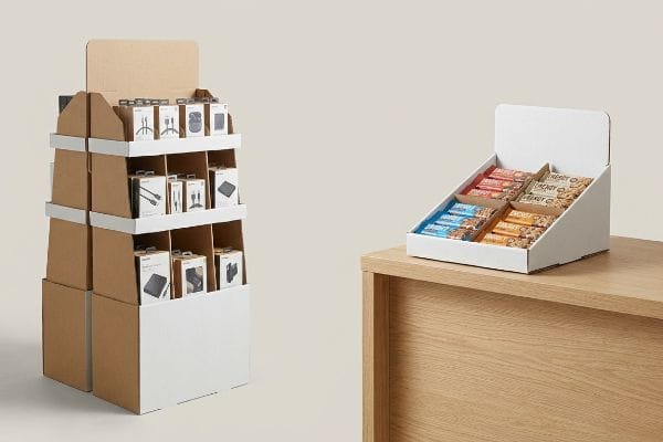 Two retail displays: a multi-tiered cardboard POP merchandiser with electronic accessories and a white countertop PDQ display holding various Energy bars.